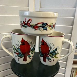 Lenox Winter Greetings Red Birds 2 cocoa mugs & 1 4" dip bowl